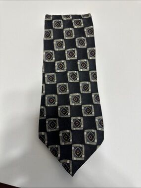 Mulberry Black Geometric Silk-Blend Navy Tie with Burgundy and Gray Accents